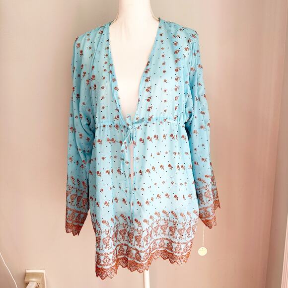 Boho Boutique Floral Tunic Top Cover Up Blue Brown Embroidered Size Small - Picture 1 of 3